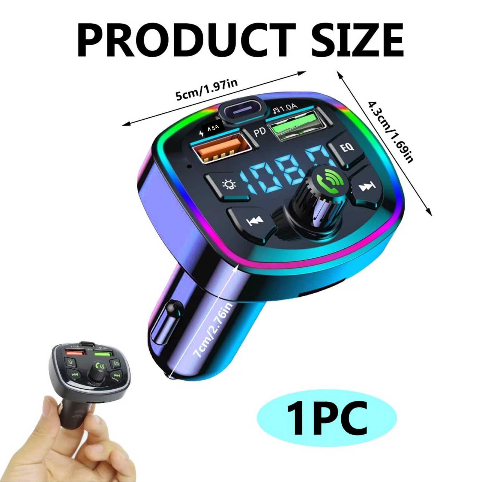 Bluetooth FM Transmitter 5.3 Wireless Car Adapter Support USB 4.8A and PD 20W Fast Charging FM Transmitter Radio Receiver Hands-Free Calling Support TF Card/LED Screen/EQ Function/U Disk