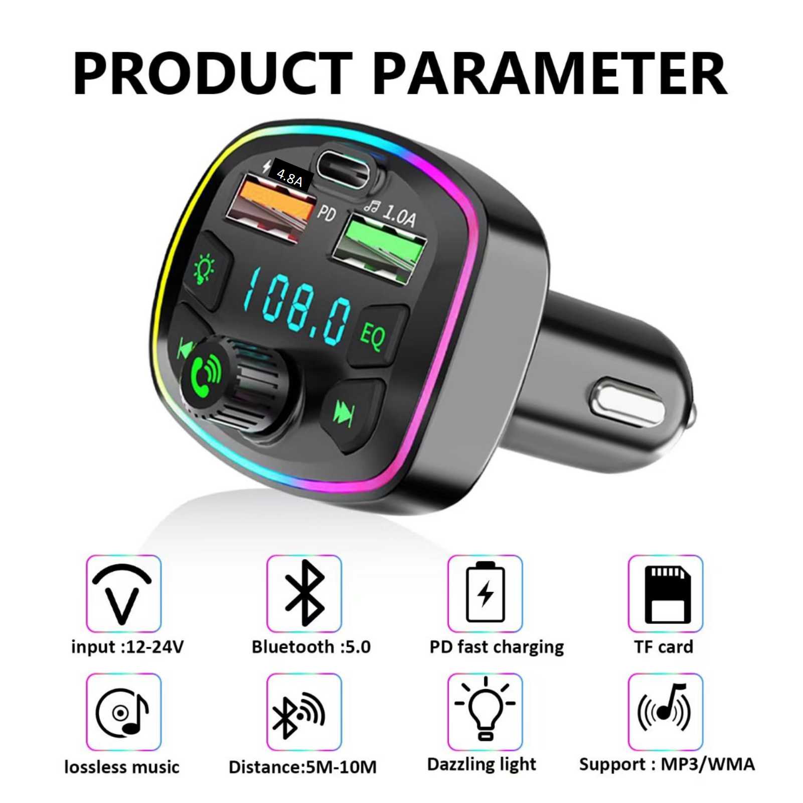 Bluetooth FM Transmitter 5.3 Wireless Car Adapter Support USB 4.8A and PD 20W Fast Charging FM Transmitter Radio Receiver Hands-Free Calling Support TF Card/LED Screen/EQ Function/U Disk