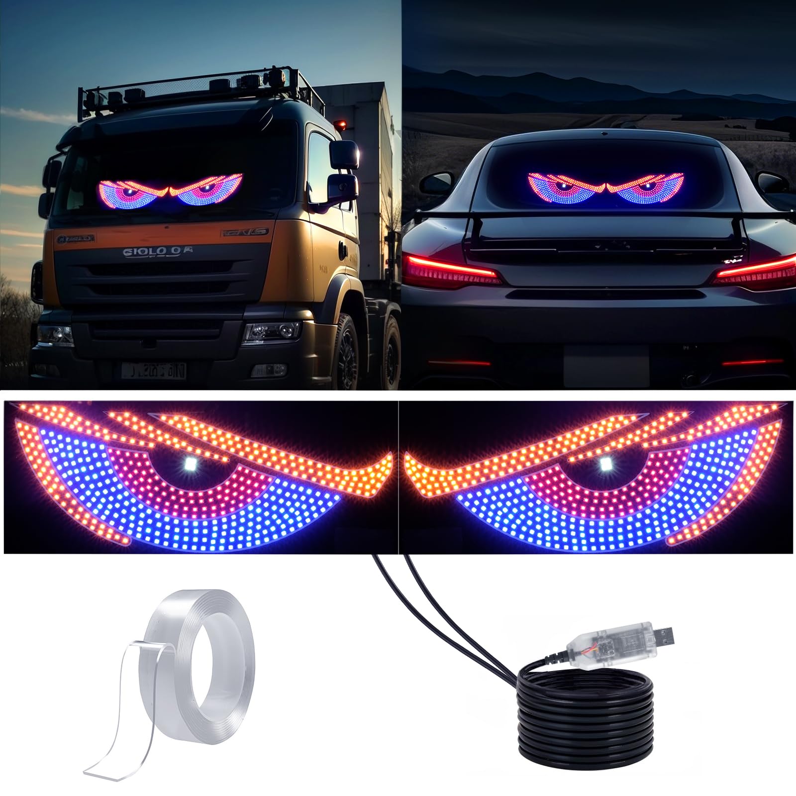 2pcs Car Eyes LED Light USB Demon Eye Decorative Light With 11 Modes Cars front/rear Windshield Flicker Signal Lighting for SUVs Pickups Trucks Cars Windshield Eyes Animated Led Flexible Dynamic LED