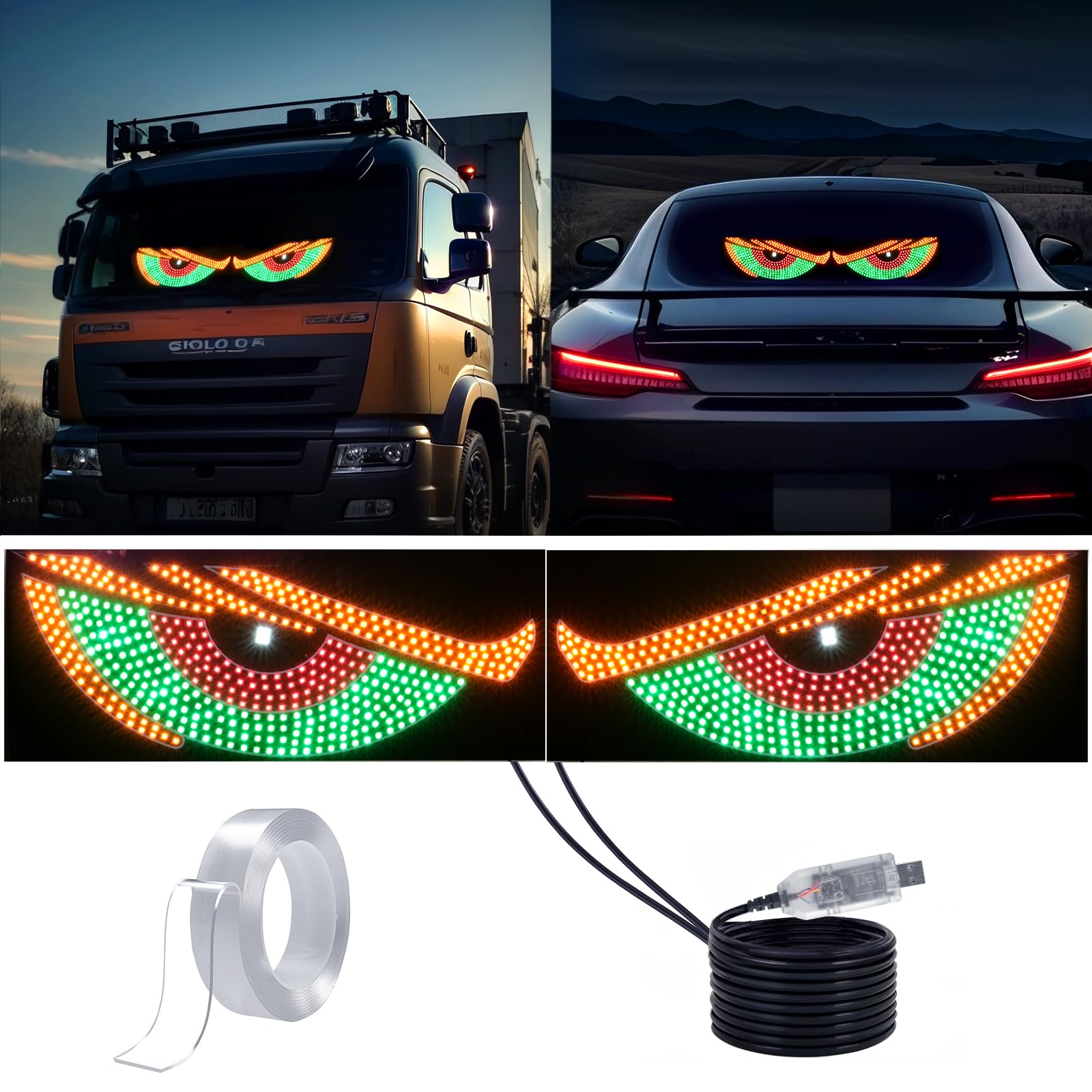 2pcs Car Eyes LED Light USB Demon Eye Decorative Light With 11 Modes Cars front/rear Windshield Flicker Signal Lighting for SUVs Pickups Trucks Cars Windshield Eyes Animated Led Flexible Dynamic LED