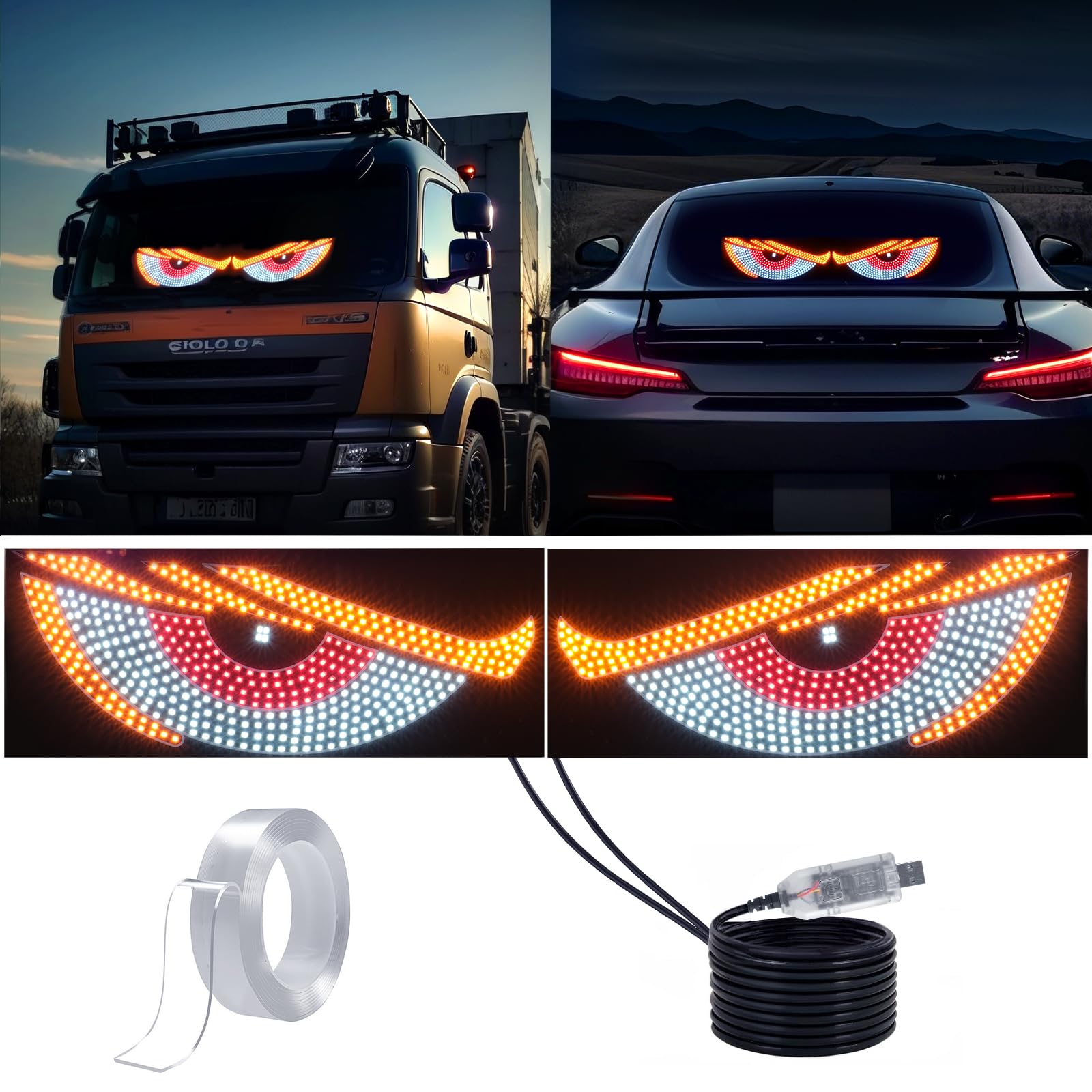 2pcs Car Eyes LED Light USB Demon Eye Decorative Light With 11 Modes Cars front/rear Windshield Flicker Signal Lighting for SUVs Pickups Trucks Cars Windshield Eyes Animated Led Flexible Dynamic LED