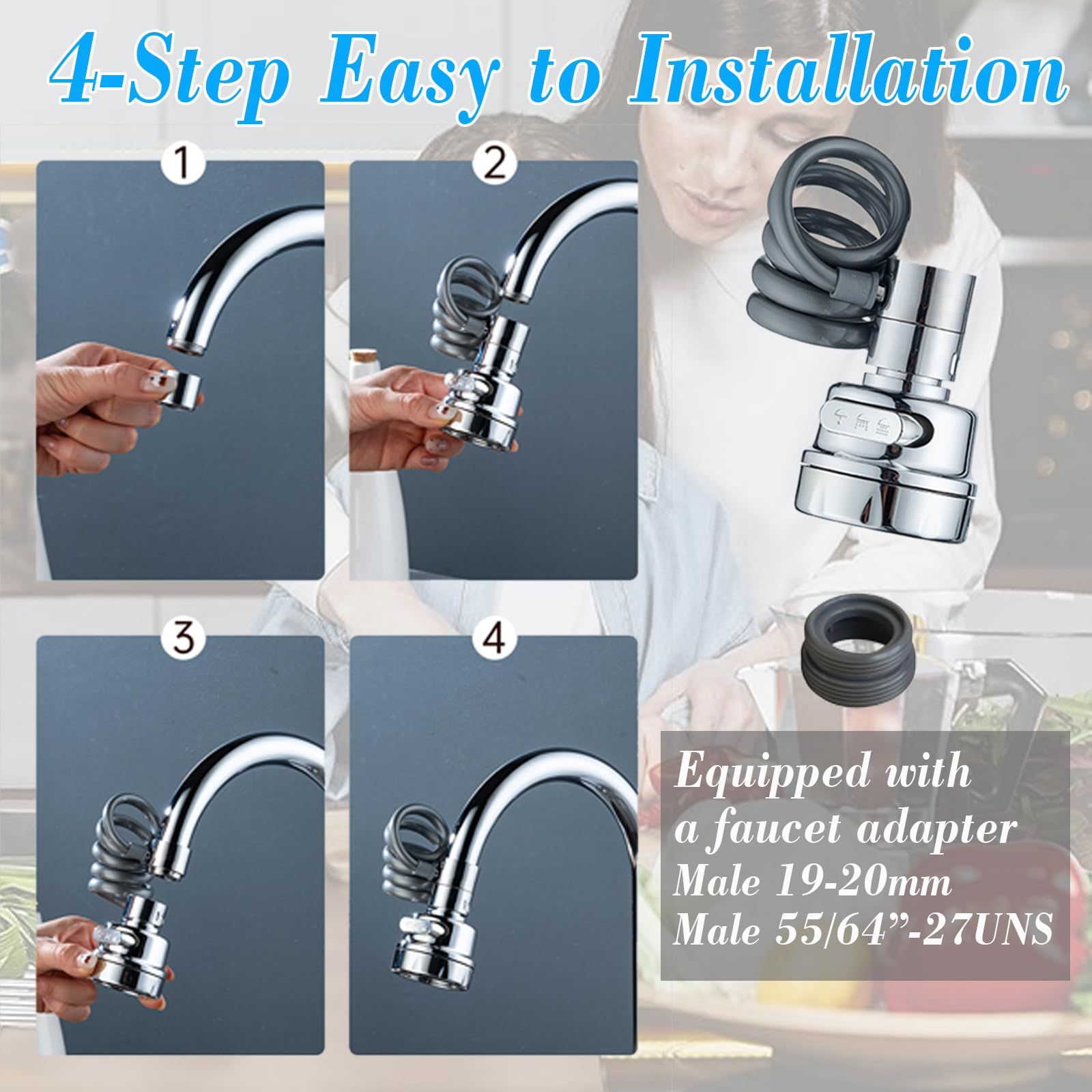 Kitchen Faucet Sprayer Water Tap Extension with Water Filter 360 Degree Tap Attachment Rotatable 3 Adjustable Modes Tap Attachment Swivelling Aerators for Taps Kitchen and Taps Bathroom
