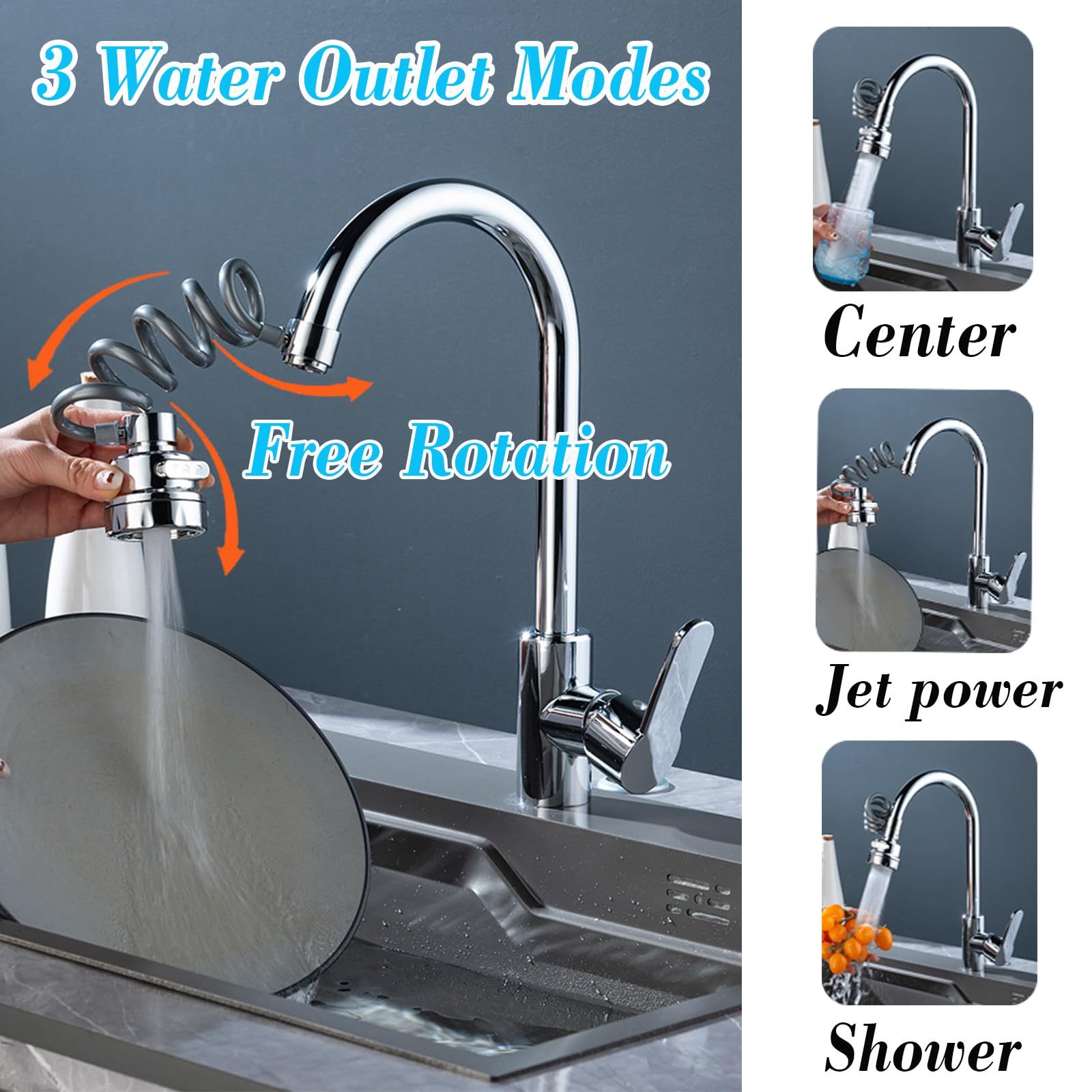 Kitchen Faucet Sprayer Water Tap Extension with Water Filter 360 Degree Tap Attachment Rotatable 3 Adjustable Modes Tap Attachment Swivelling Aerators for Taps Kitchen and Taps Bathroom