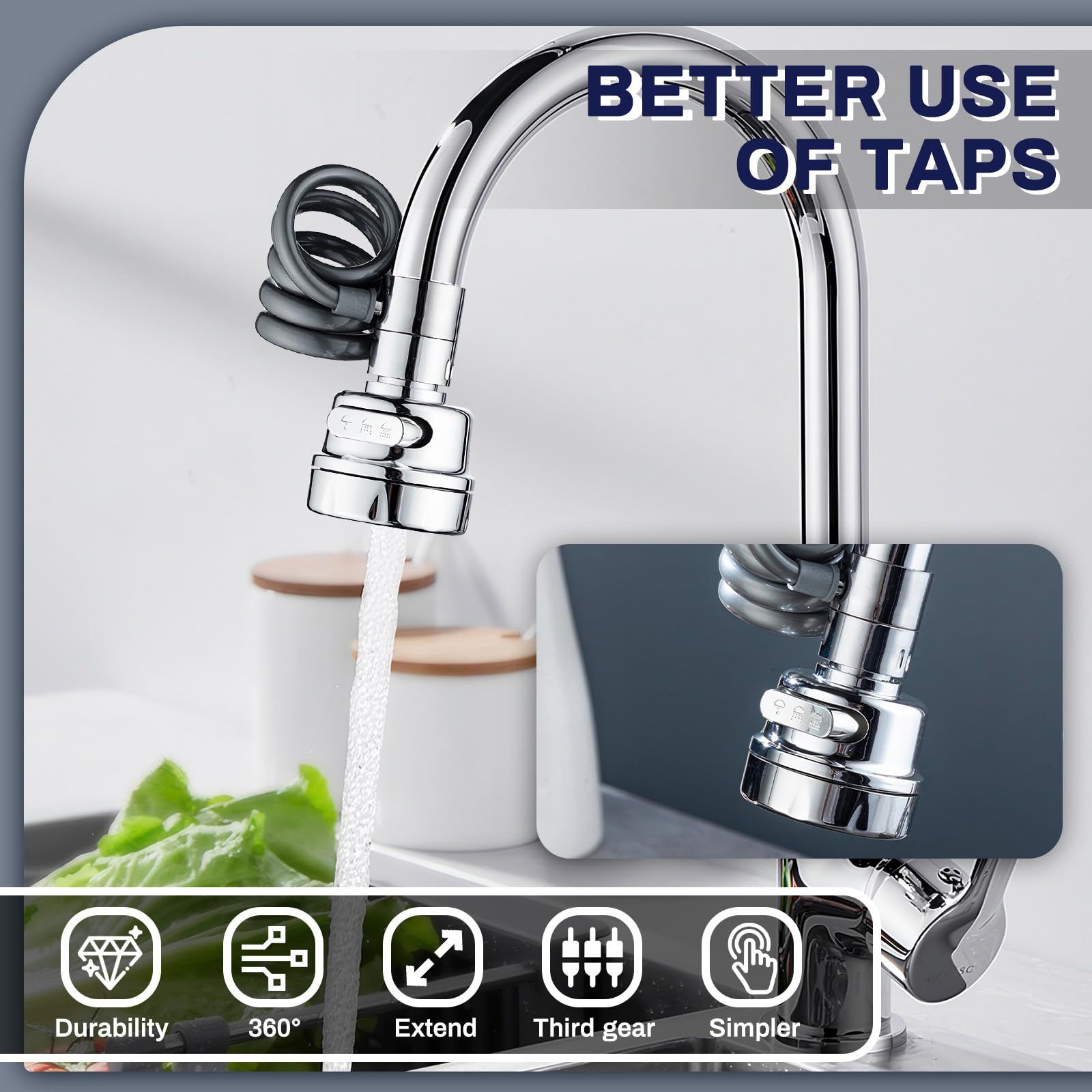 Kitchen Faucet Sprayer Water Tap Extension with Water Filter 360 Degree Tap Attachment Rotatable 3 Adjustable Modes Tap Attachment Swivelling Aerators for Taps Kitchen and Taps Bathroom