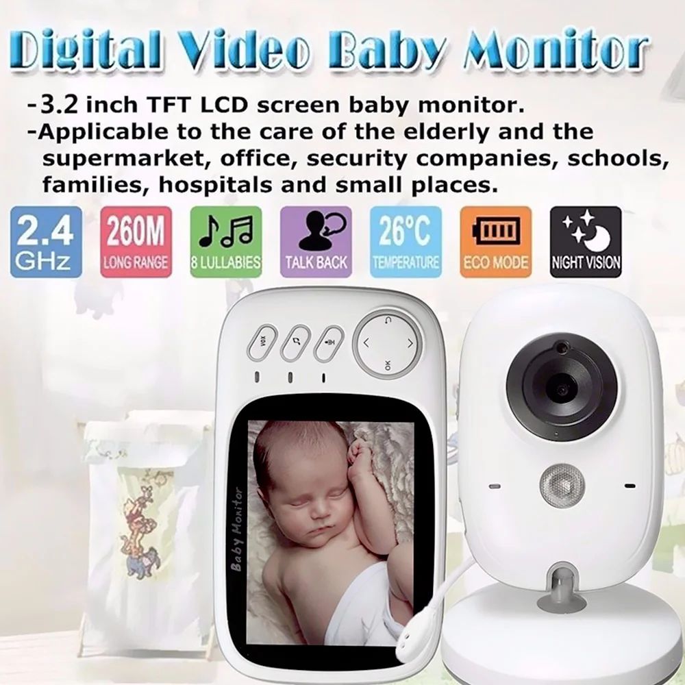 3.2 inch Display Video Baby Monitor No WiFi Baby Monitor with Camera and Audio Plug & Play HD Camera, Night Vision 2-Way Talk,8 Lullabies Portable Baby Monitor  Night Vision Temperature Monitoring
