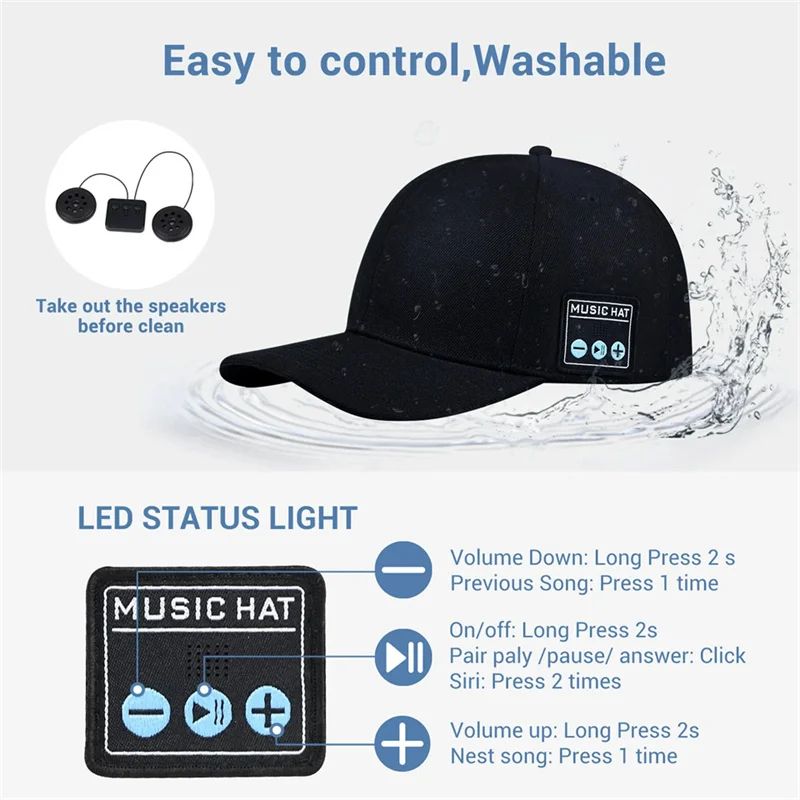 Multifunctional Wireless Bluetooth Speaker Hat With Portable Speakers Wireless Headphones Detachable Adjustable Music Baseball Cap Running Sports Speaker Hat with Mic Baseball for Outdoor Indoor Hike