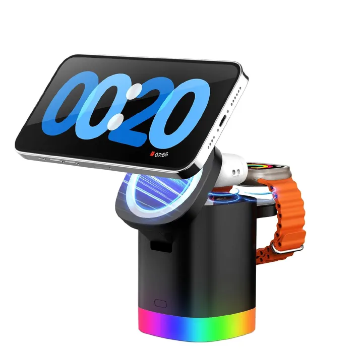 3-in-1 Charger Stand for Magsafe, Foldable Wireless Charging Station with RGB Night Lights, Sleek Design, Magnetic Charger Dock for iPhone 16/15/14/13/12 Pro/Max, AirPods 4-2, Apple Watch 2-10/Ultra