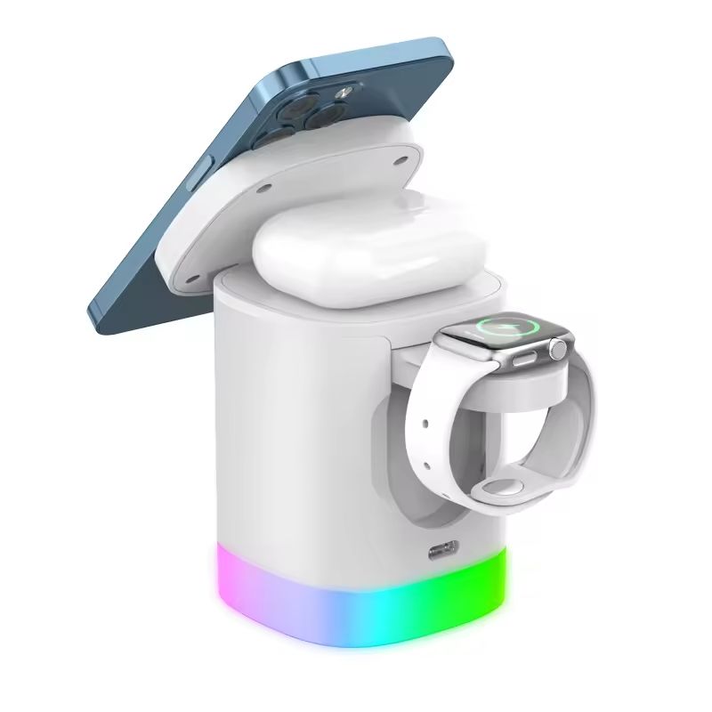 3-in-1 Charger Stand for Magsafe, Foldable Wireless Charging Station with RGB Night Lights, Sleek Design, Magnetic Charger Dock for iPhone 16/15/14/13/12 Pro/Max, AirPods 4-2, Apple Watch 2-10/Ultra