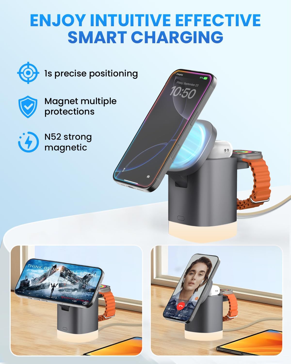 3-in-1 Charger Stand for Magsafe, Foldable Wireless Charging Station with RGB Night Lights, Sleek Design, Magnetic Charger Dock for iPhone 16/15/14/13/12 Pro/Max, AirPods 4-2, Apple Watch 2-10/Ultra
