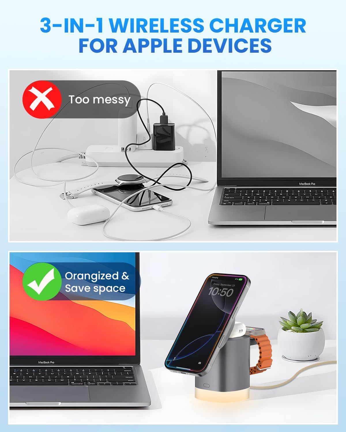 3-in-1 Charger Stand for Magsafe, Foldable Wireless Charging Station with RGB Night Lights, Sleek Design, Magnetic Charger Dock for iPhone 16/15/14/13/12 Pro/Max, AirPods 4-2, Apple Watch 2-10/Ultra