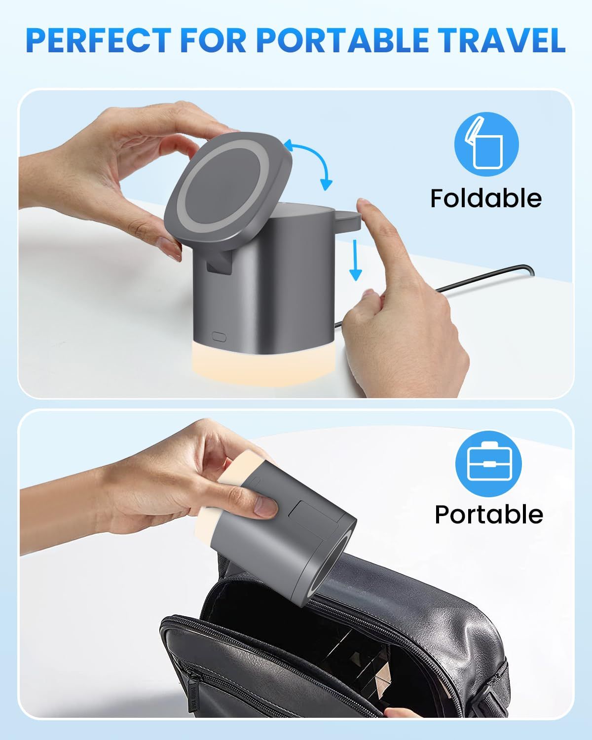 3-in-1 Charger Stand for Magsafe, Foldable Wireless Charging Station with RGB Night Lights, Sleek Design, Magnetic Charger Dock for iPhone 16/15/14/13/12 Pro/Max, AirPods 4-2, Apple Watch 2-10/Ultra