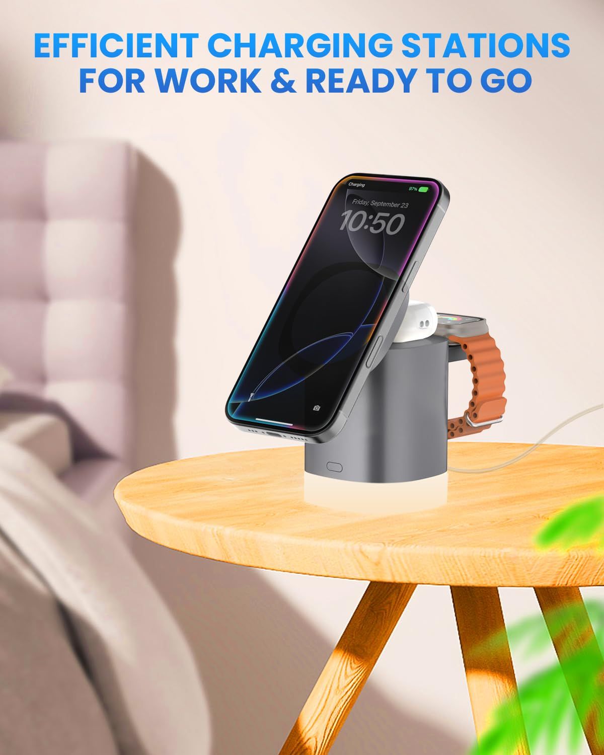 3-in-1 Charger Stand for Magsafe, Foldable Wireless Charging Station with RGB Night Lights, Sleek Design, Magnetic Charger Dock for iPhone 16/15/14/13/12 Pro/Max, AirPods 4-2, Apple Watch 2-10/Ultra