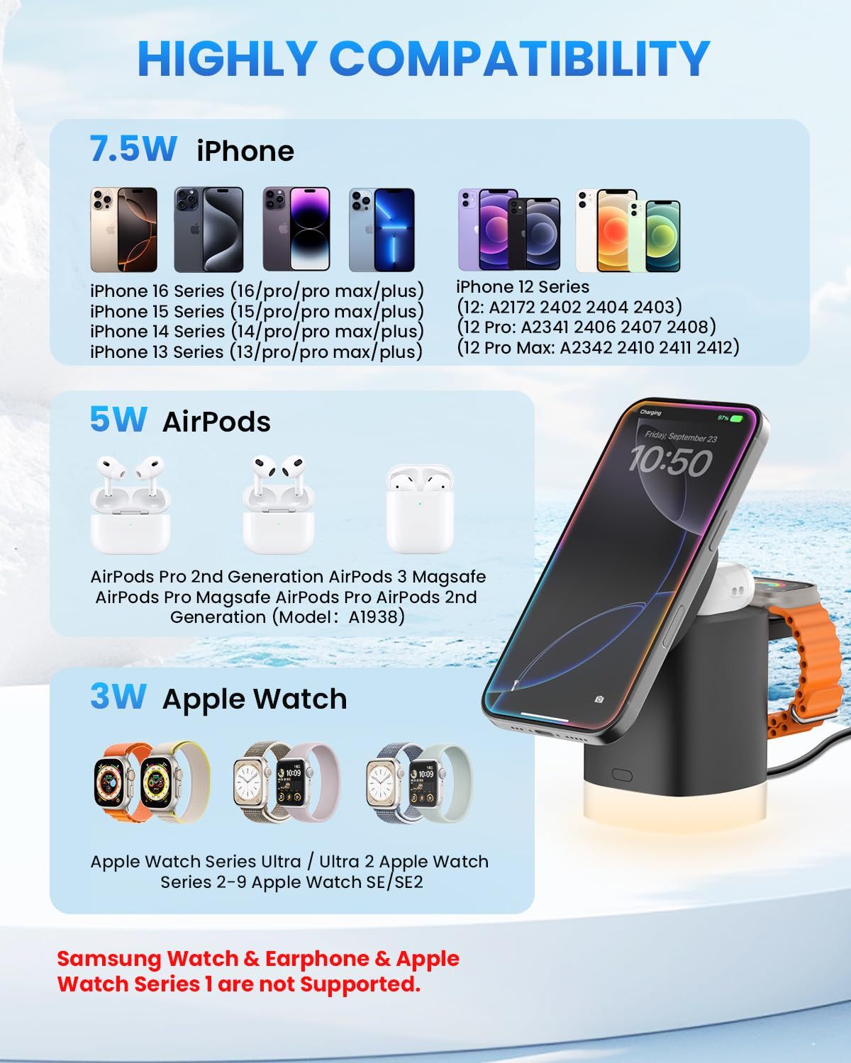 3-in-1 Charger Stand for Magsafe, Foldable Wireless Charging Station with RGB Night Lights, Sleek Design, Magnetic Charger Dock for iPhone 16/15/14/13/12 Pro/Max, AirPods 4-2, Apple Watch 2-10/Ultra