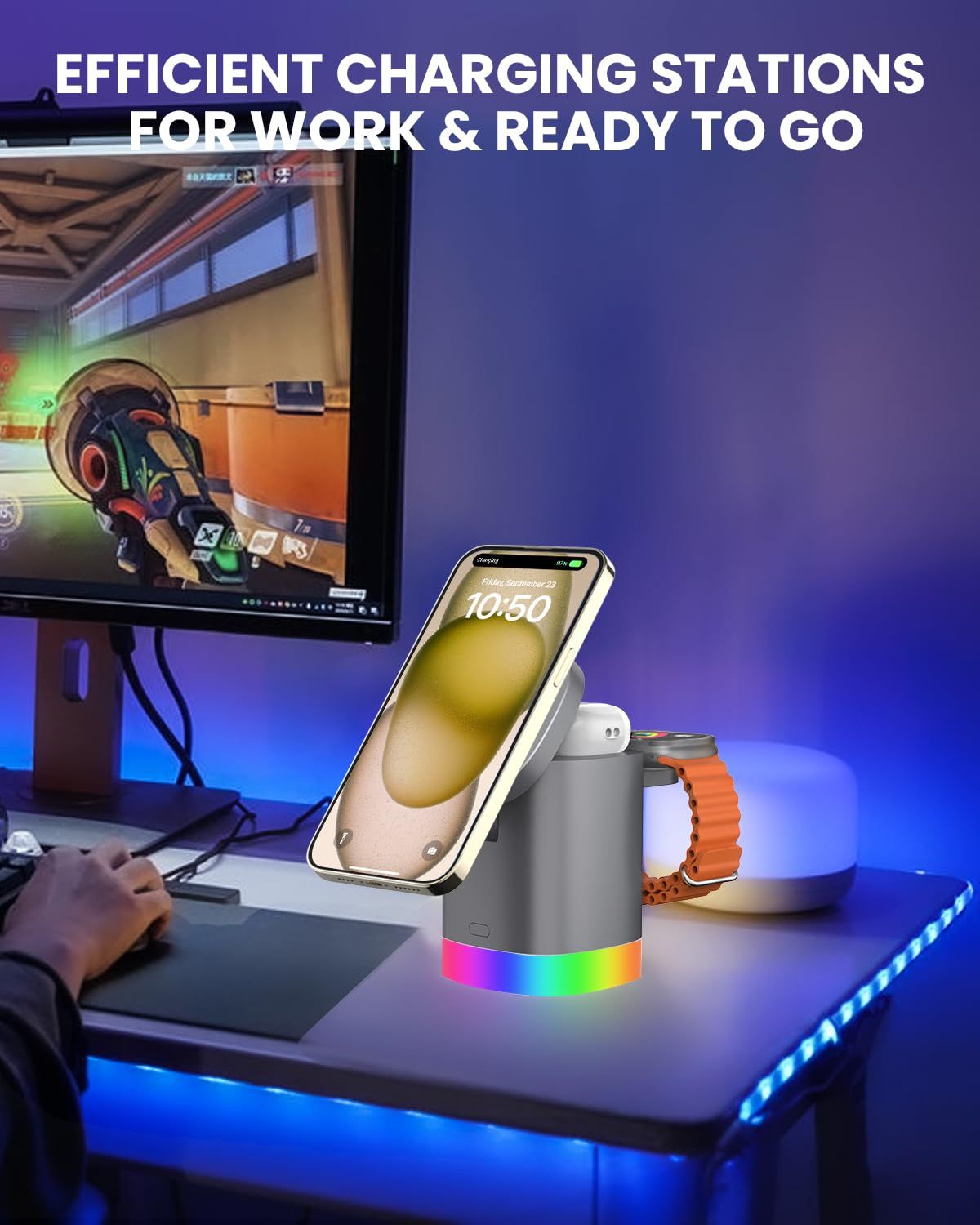 3-in-1 Charger Stand for Magsafe, Foldable Wireless Charging Station with RGB Night Lights, Sleek Design, Magnetic Charger Dock for iPhone 16/15/14/13/12 Pro/Max, AirPods 4-2, Apple Watch 2-10/Ultra