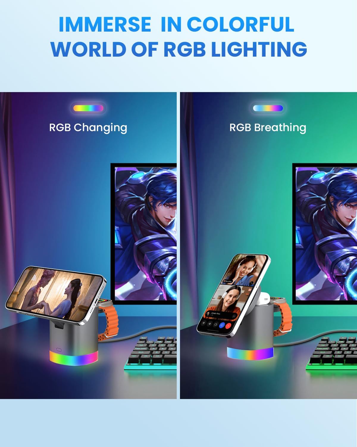 3-in-1 Charger Stand for Magsafe, Foldable Wireless Charging Station with RGB Night Lights, Sleek Design, Magnetic Charger Dock for iPhone 16/15/14/13/12 Pro/Max, AirPods 4-2, Apple Watch 2-10/Ultra