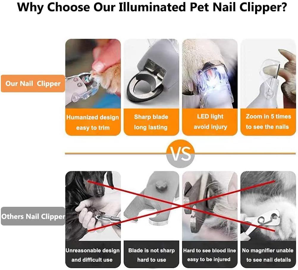 Multifunction Pet Nail Clipper with LED Light Dog Cat Special Nail Clipper Nail Trimmer Pet Cleaning Grooming Supplies Nail Clipper with LED Light for Cats Puppy Professional Illuminated Pet Care