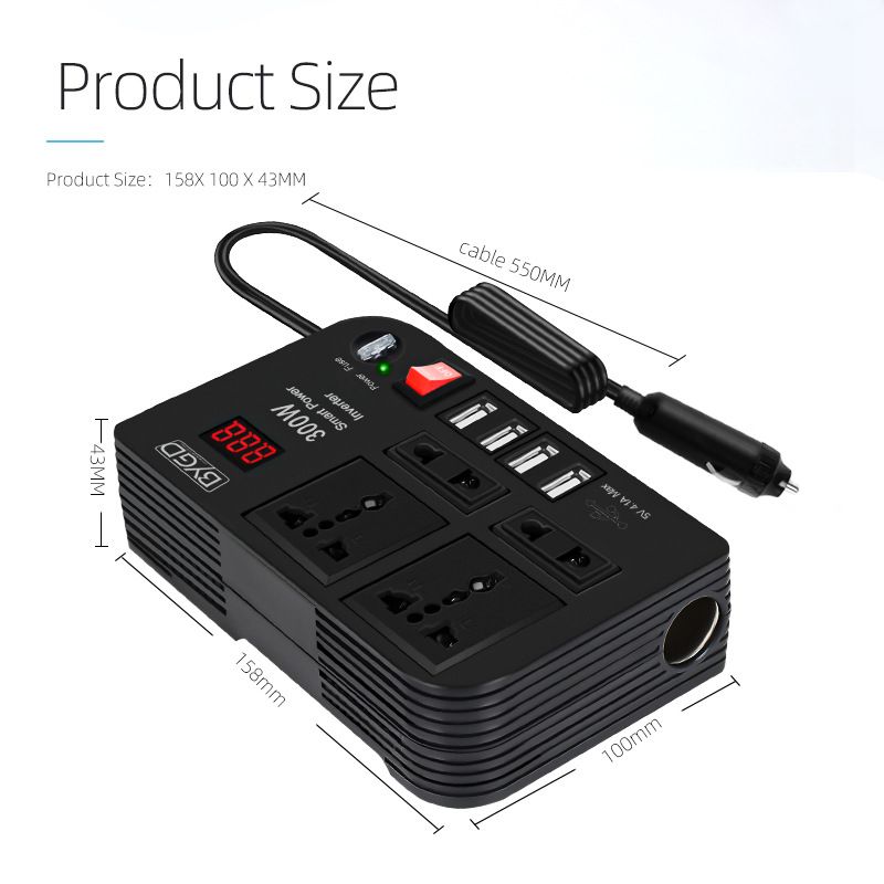 300W Car Inverter 12V to 220V-240V Car Power Adapter Converter Splitter 4 USB Charger Fast Charging Car Inverter 300W Power Inverter Car Power Converter