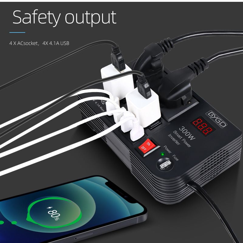 300W Car Inverter 12V to 220V-240V Car Power Adapter Converter Splitter 4 USB Charger Fast Charging Car Inverter 300W Power Inverter Car Power Converter