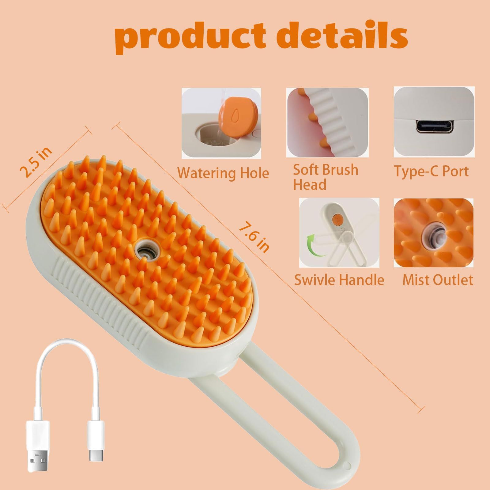 3 in 1 Cat Grooming Brush Water Spray Self-Cleaning Shedding Brush for Cats Dogs Pet Hair Removal Massage Comb for Long Short Hair Comb for Cats Dogs Steam Water Brush with Electric Grooming Massage