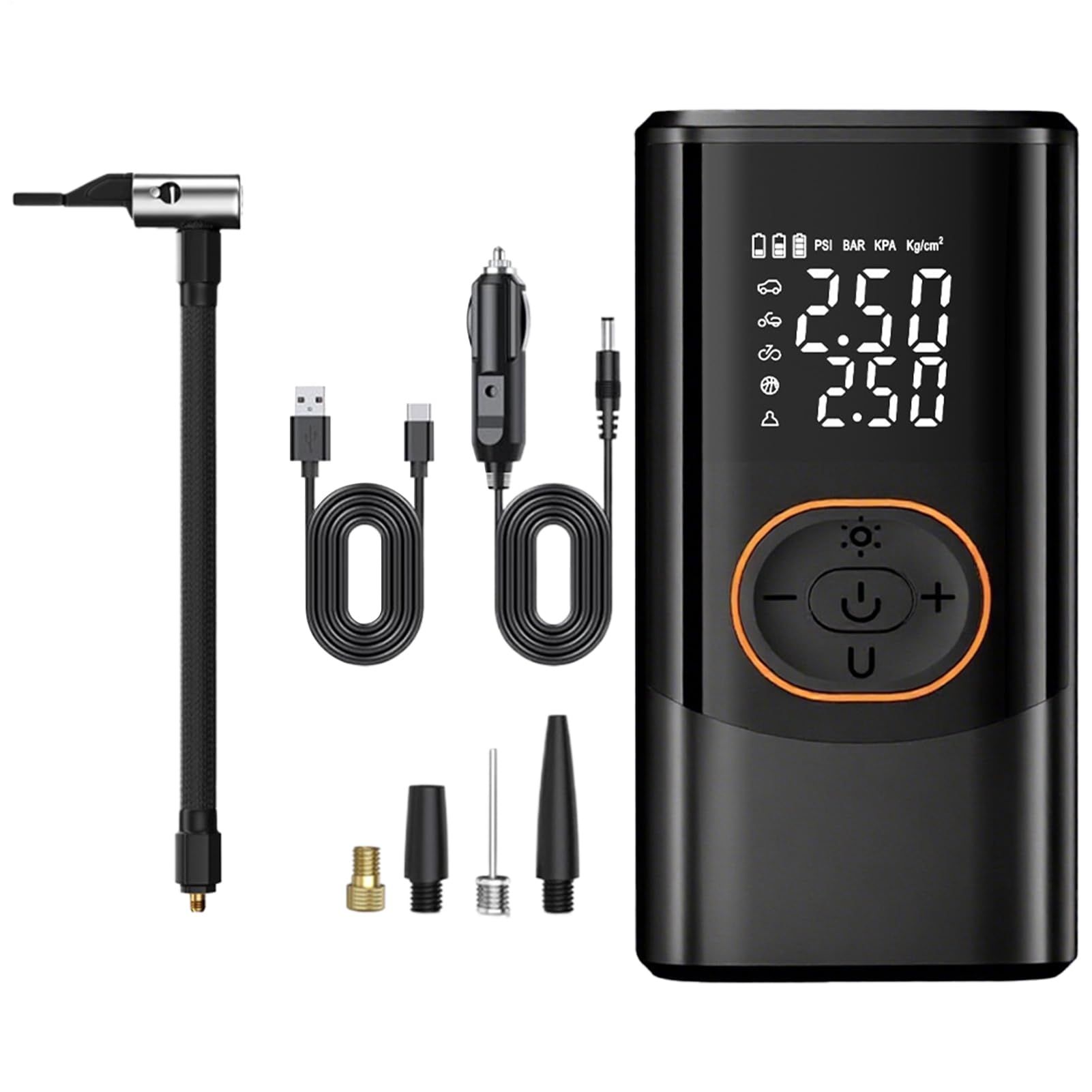 Electric Air Pump, Cordless Smart Inflator, Wireless 4-Mode Device, Digital Display, LED Lighting, Rechargeable, Fast Inflation, Portable pump for Car, Bike, Balls, Travel, Camping, Home, Outdoor Use