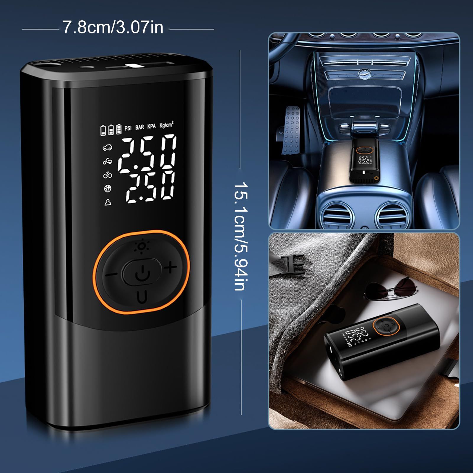 Electric Air Pump, Cordless Smart Inflator, Wireless 4-Mode Device, Digital Display, LED Lighting, Rechargeable, Fast Inflation, Portable pump for Car, Bike, Balls, Travel, Camping, Home, Outdoor Use