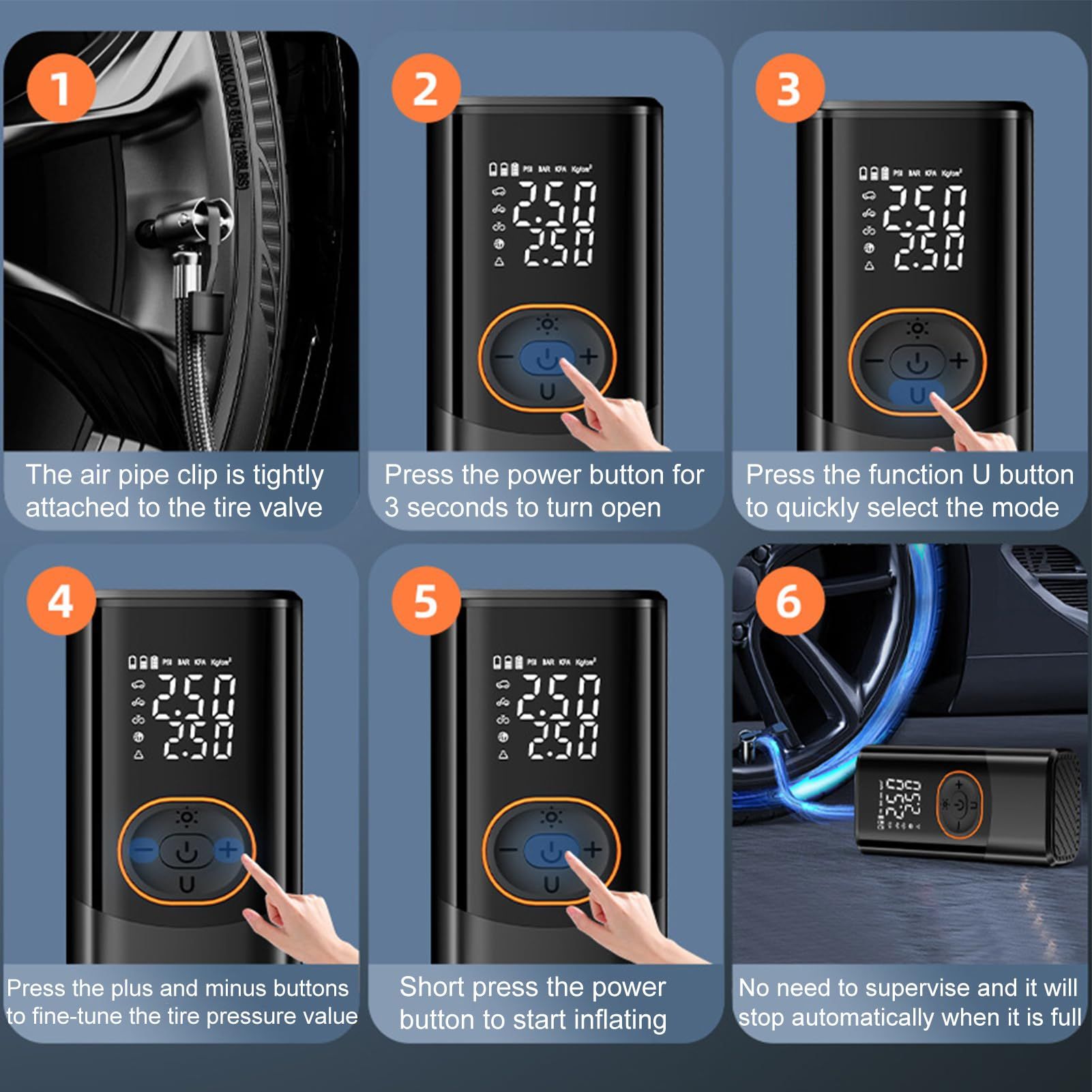 Electric Air Pump, Cordless Smart Inflator, Wireless 4-Mode Device, Digital Display, LED Lighting, Rechargeable, Fast Inflation, Portable pump for Car, Bike, Balls, Travel, Camping, Home, Outdoor Use