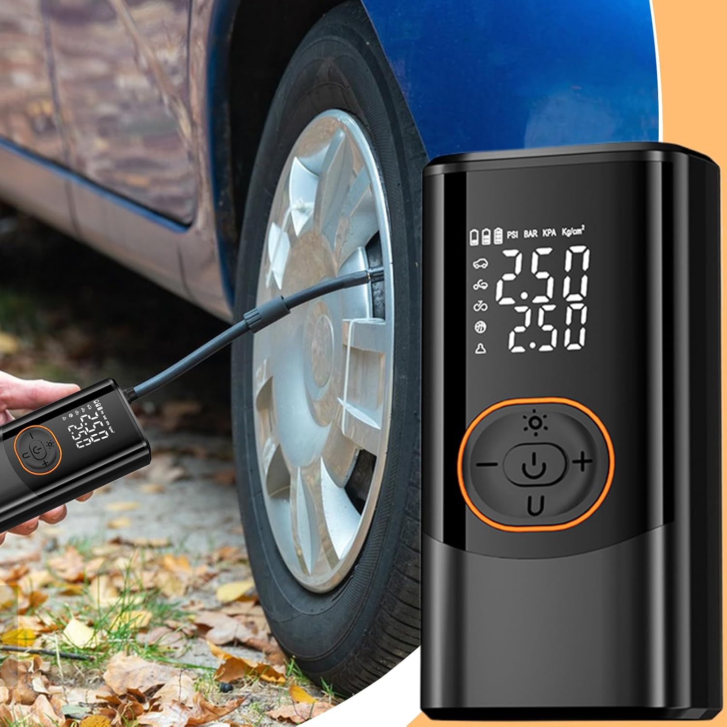Electric Air Pump, Cordless Smart Inflator, Wireless 4-Mode Device, Digital Display, LED Lighting, Rechargeable, Fast Inflation, Portable pump for Car, Bike, Balls, Travel, Camping, Home, Outdoor Use