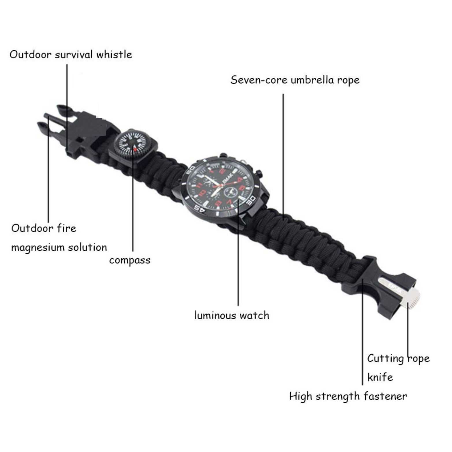Outdoor Sports Watch, Multifunctional Survival Wristband, Survival Whistle, Stick, Compass, Thermometer, Outdoor Equipment