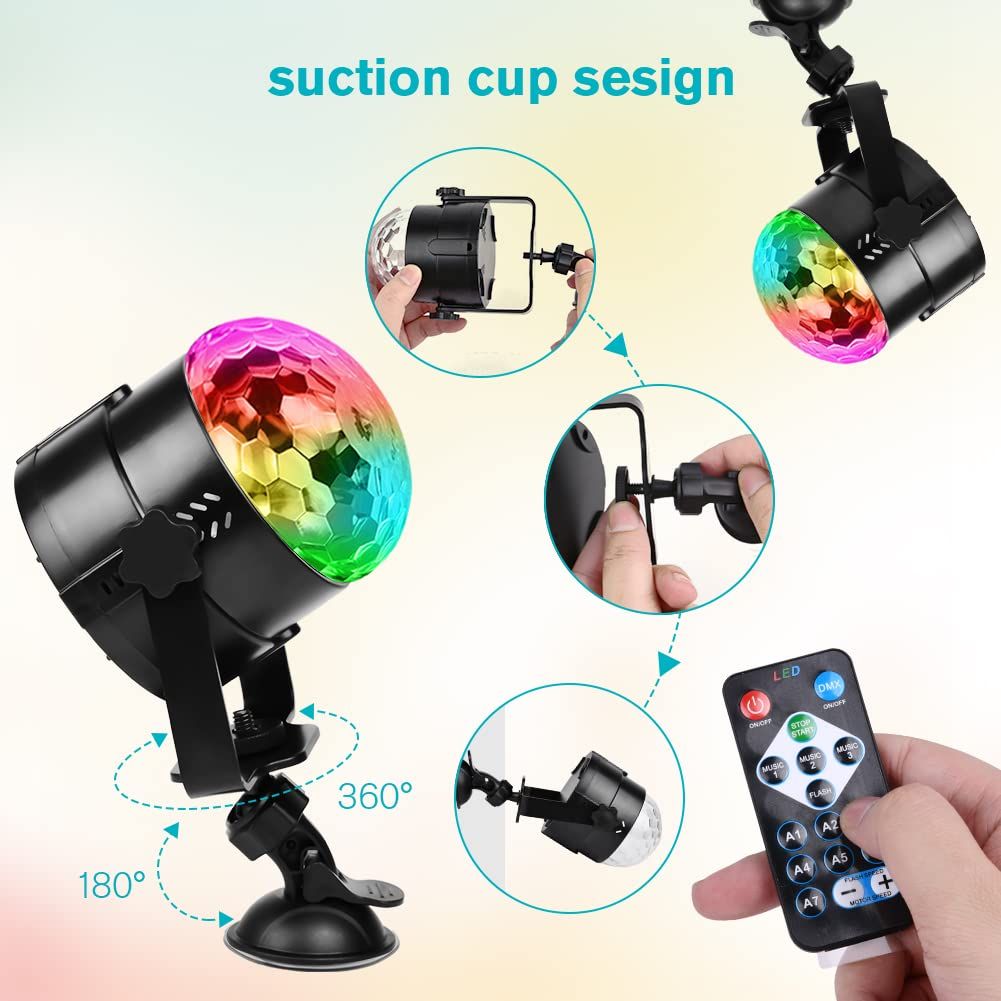 Disco Ball Light with Remote Control and suction mount 7 Color LED Strobe Sound Activated Mini Portable Party Lights for Birthdays DJ Clubs Karaoke Bar Weddings Car and Home Decoration