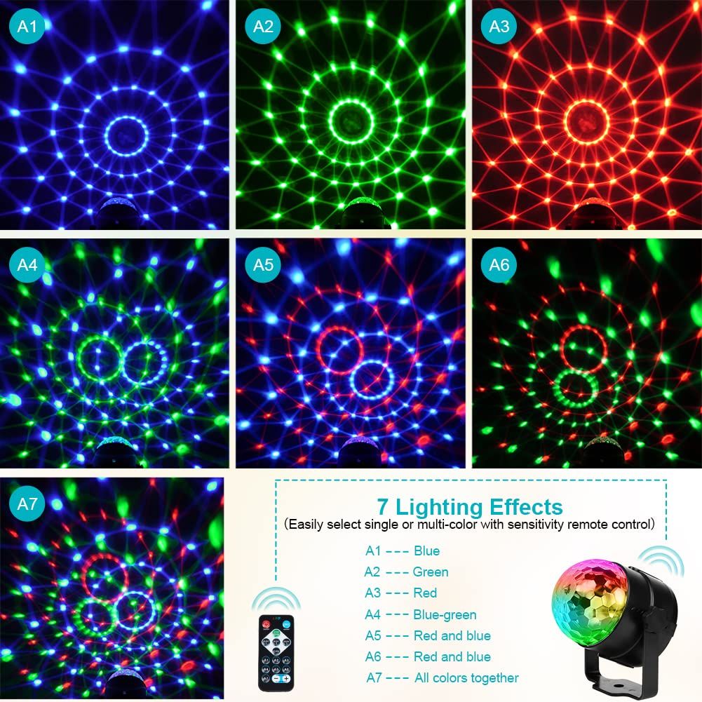 Disco Ball Light with Remote Control and suction mount 7 Color LED Strobe Sound Activated Mini Portable Party Lights for Birthdays DJ Clubs Karaoke Bar Weddings Car and Home Decoration