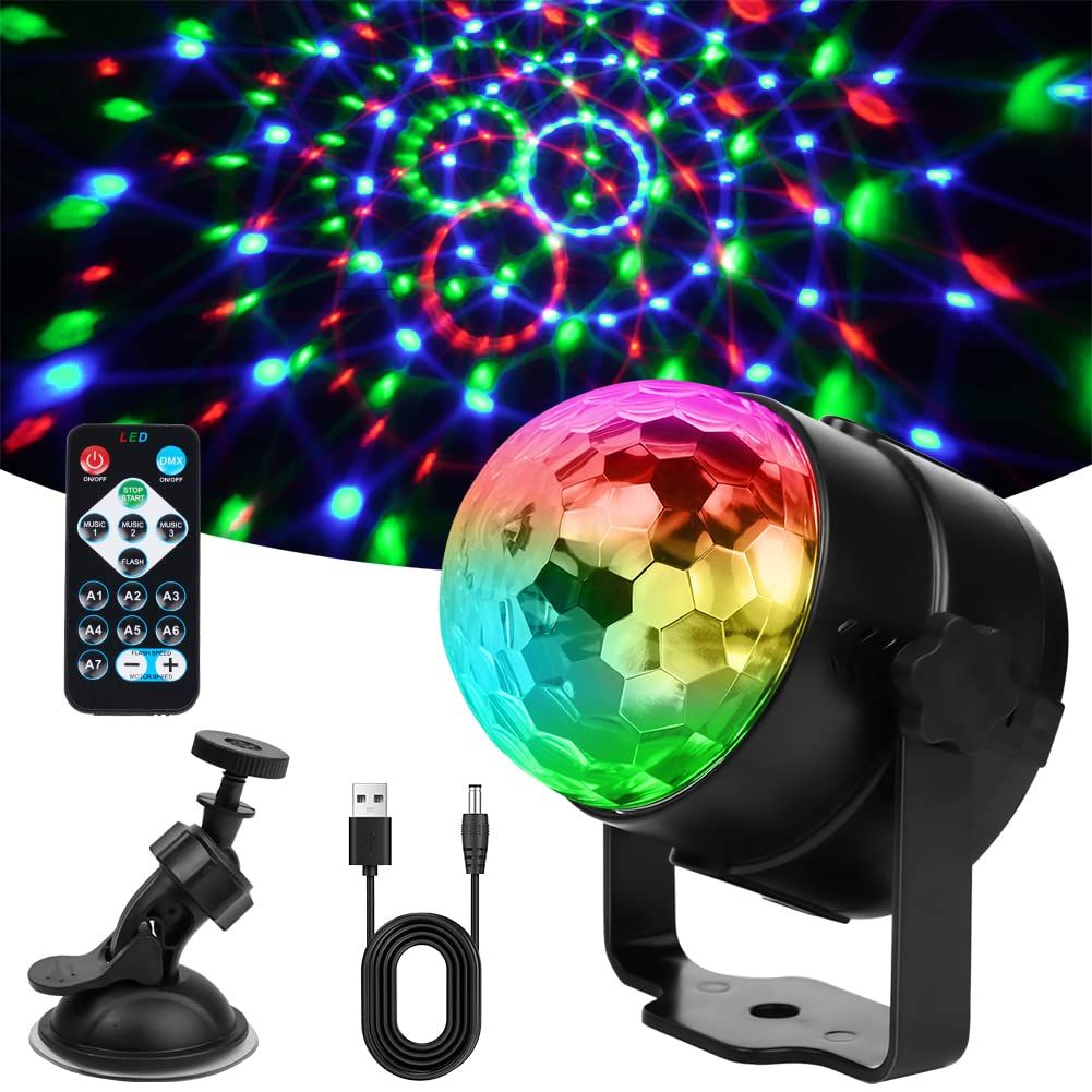 Disco Ball Light with Remote Control and suction mount 7 Color LED Strobe Sound Activated Mini Portable Party Lights for Birthdays DJ Clubs Karaoke Bar Weddings Car and Home Decoration