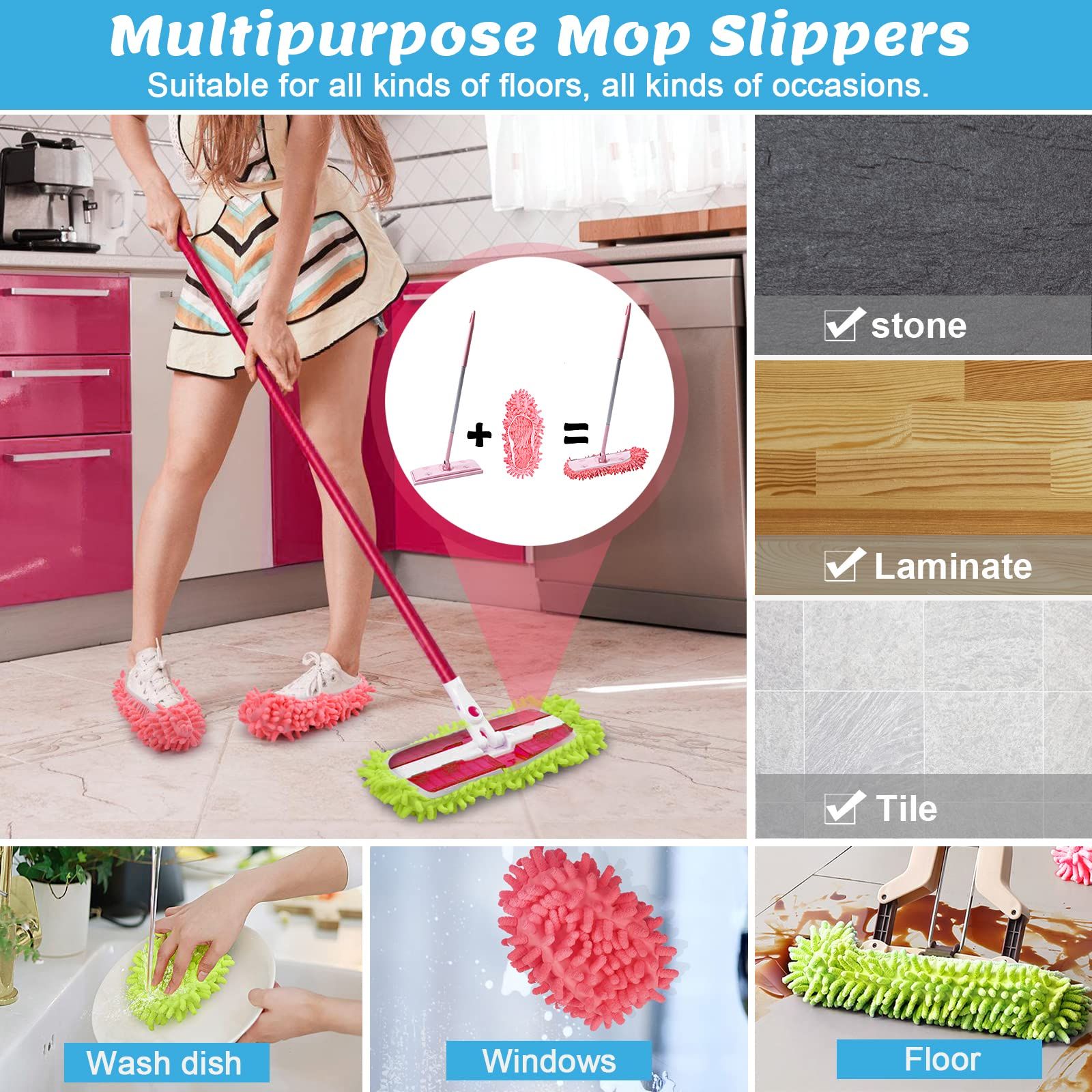 1 Pairs Microfiber Mop Slippers Shoes Reusable Dust Mops Washable Mop Slippers Multifunction Dust Mop Shoes Slippers Floor Cleaning Shoes Cover for Home Kitchen House Polishing Office Bathroom