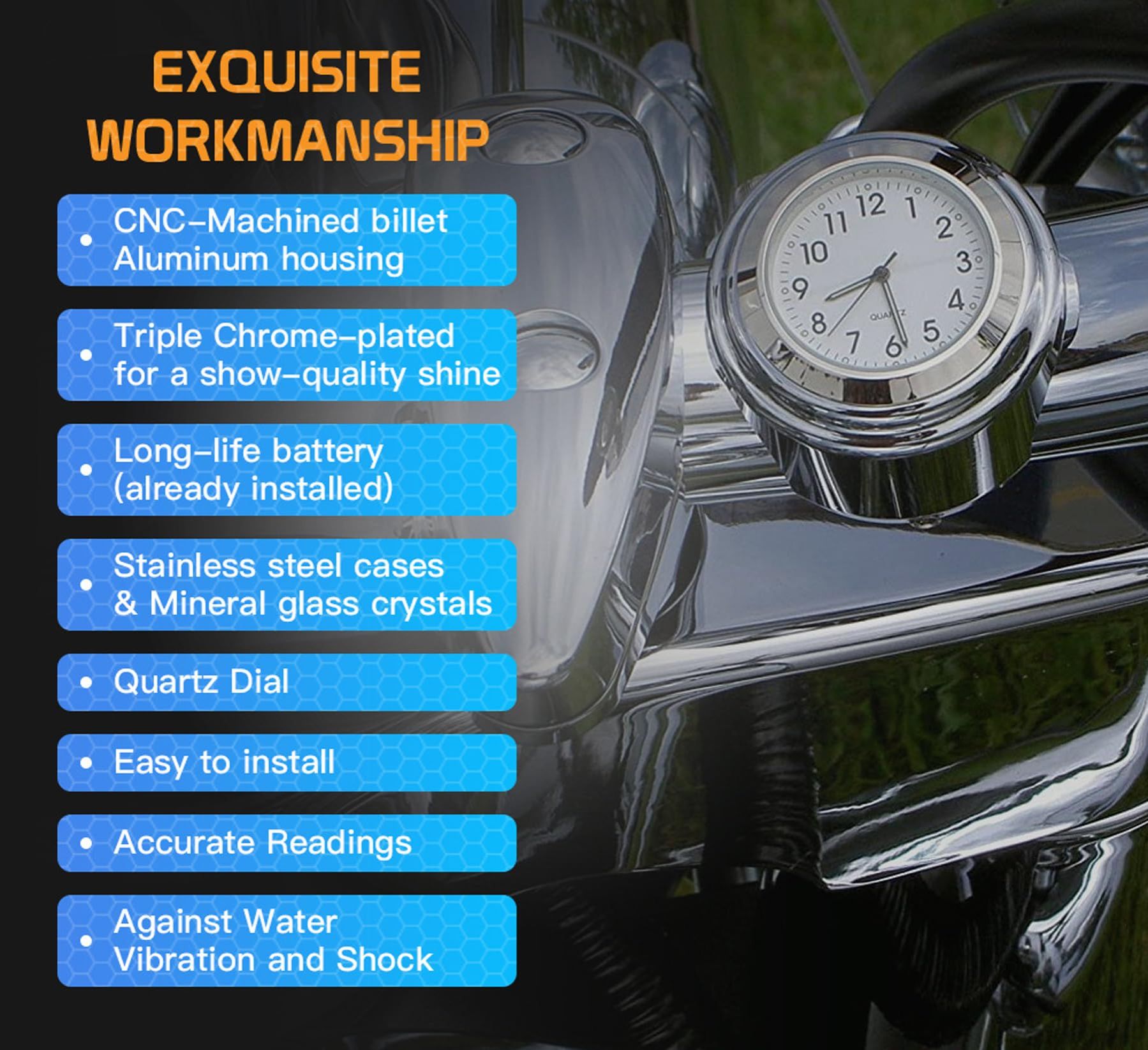 Bicycle, Motorcycle & Beach Scooter Handlebar Clock, Glow-in-the-dark, Waterproof, 2.2-2.54 cm (0.8-1 inch) Universal, Aluminum Alloy Design Detachable for Easy Installation