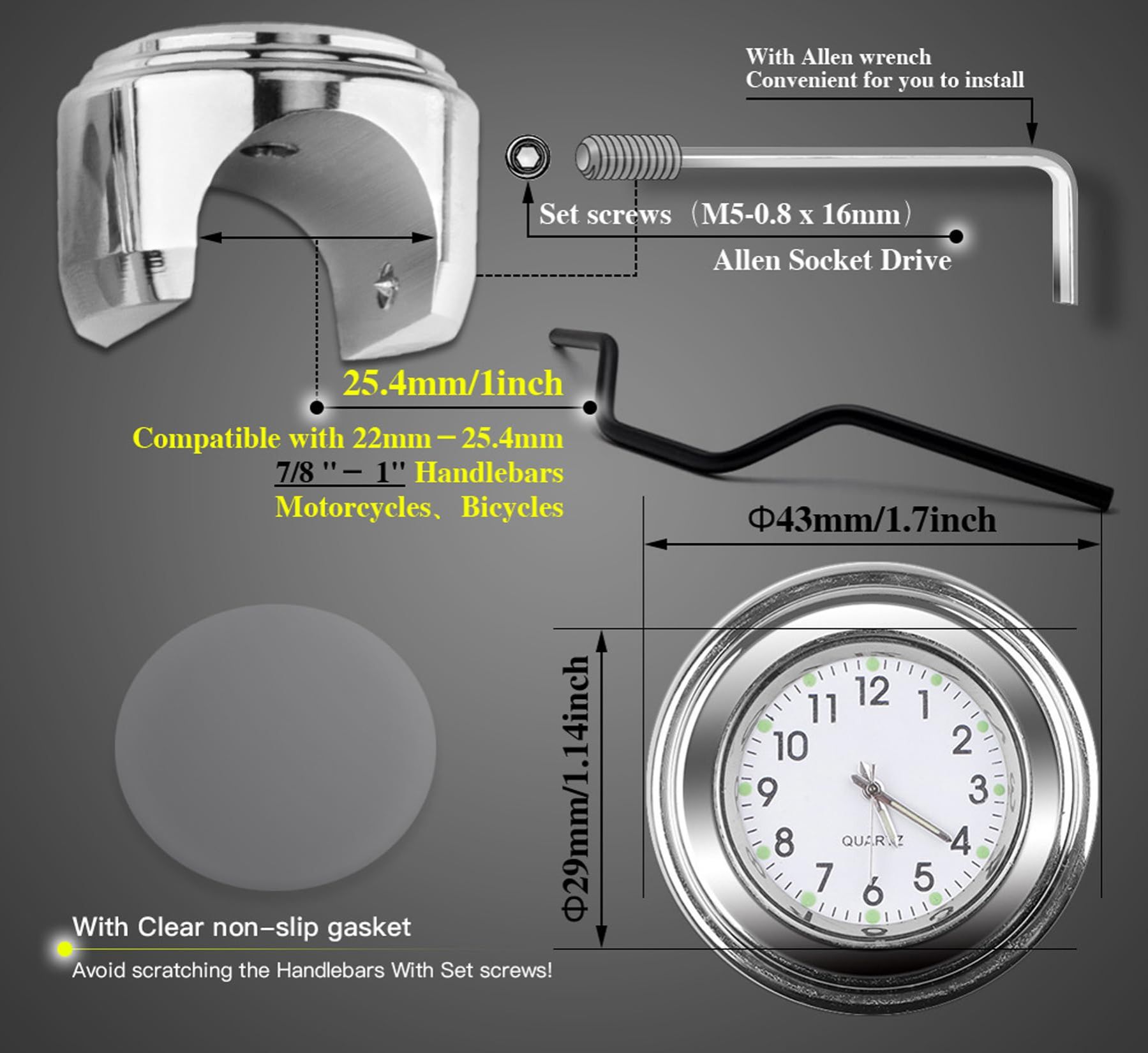 Bicycle, Motorcycle & Beach Scooter Handlebar Clock, Glow-in-the-dark, Waterproof, 2.2-2.54 cm (0.8-1 inch) Universal, Aluminum Alloy Design Detachable for Easy Installation