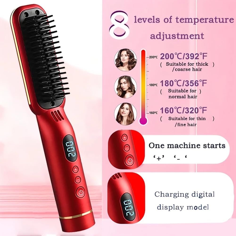 USB Charging Cordless Wet & Dry Digital Hair Straightening Comb Ceramic Coated Anti-Hot Temperature Control Hair Styling Comb Hair Care & Anti Scald Comb Portable Negative Ion Hair Comb