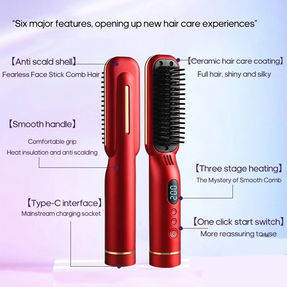 USB Charging Cordless Wet & Dry Digital Hair Straightening Comb Ceramic Coated Anti-Hot Temperature Control Hair Styling Comb Hair Care & Anti Scald Comb Portable Negative Ion Hair Comb