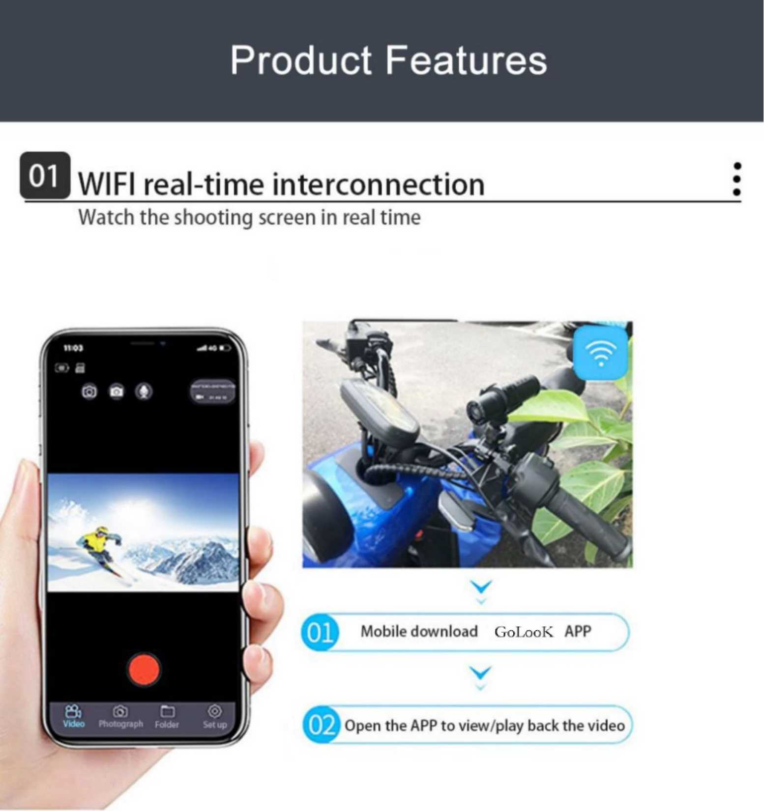 Motorcycle Camera, Helmet Camera, Bicycle Camera, HD 2K, IP65 Waterproof Camera, Outdoor Sports Action Camera，Riding Camera with WiFi, 120° Wide Angle DV Camcorder, Loop Recording