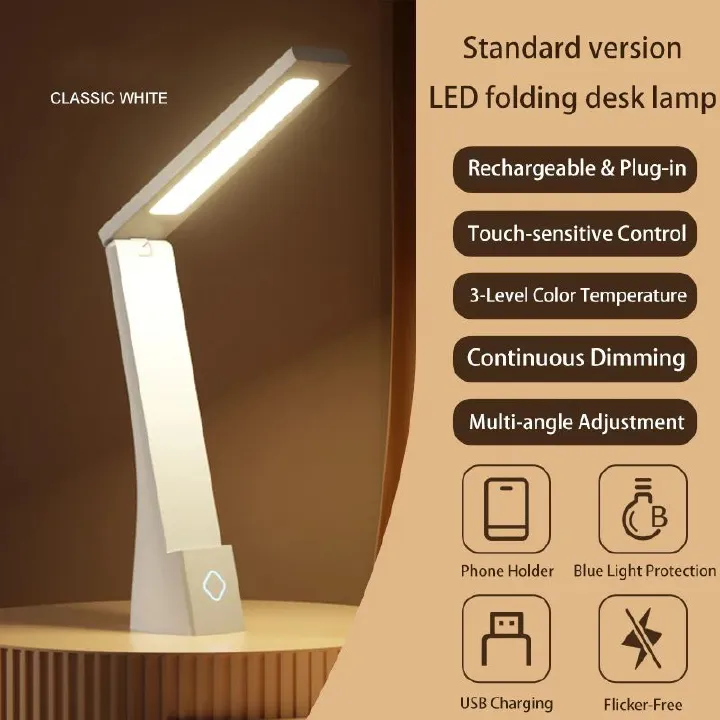Foldable LED Eye Protection Desk Lamp, Book Study Light, Rechargeable and USB Charging Reading Light, Touch Control, Adjustable Warm and Cool Color Modes for Bedroom, Dorm, Study Nook