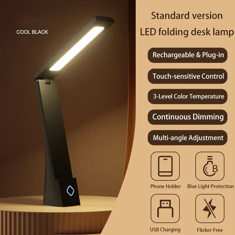 Foldable LED Eye Protection Desk Lamp, Book Study Light, Rechargeable and USB Charging Reading Light, Touch Control, Adjustable Warm and Cool Color Modes for Bedroom, Dorm, Study Nook