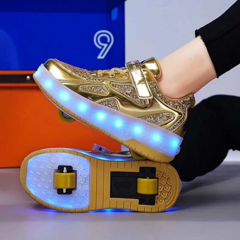 Roller Shoes USB Charging LED Lights Up Sneakers with Wheels Removable Lightweight Roller Skates Boys Beginners Trainers Skate Comfortable Sports Footwear Athletic USB Charge Sneaker Unisex Kids Gifts