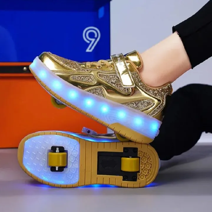 Roller Shoes USB Charging LED Lights Up Sneakers with Wheels Removable Lightweight Roller Skates Boys Beginners Trainers Skate Comfortable Sports Footwear Athletic USB Charge Sneaker Unisex Kids Gifts