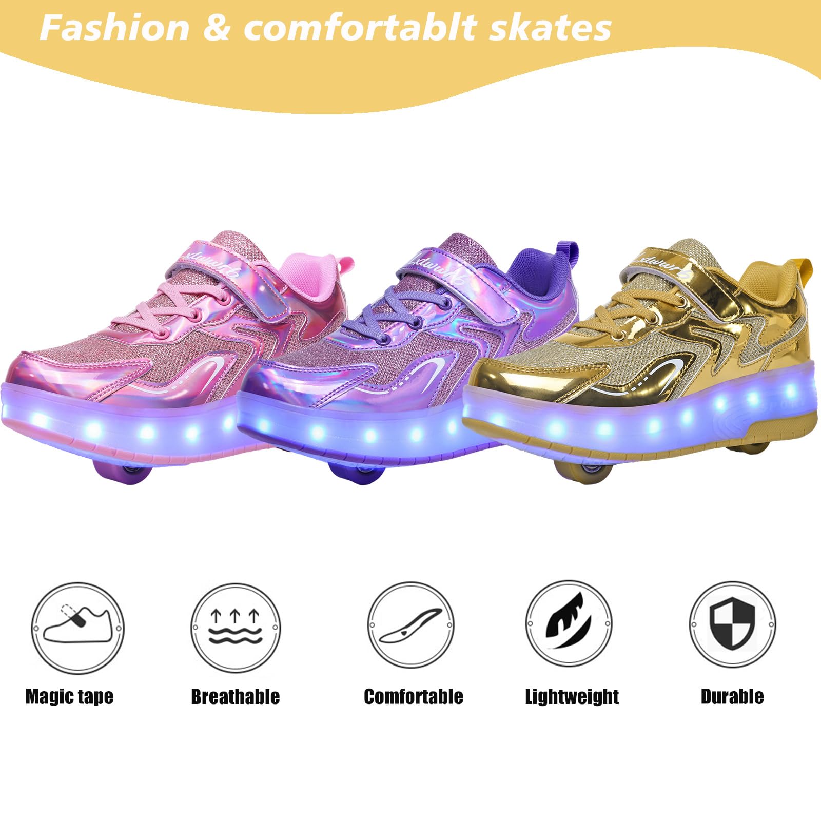 Roller Shoes USB Charging LED Lights Up Sneakers with Wheels Removable Lightweight Roller Skates Boys Beginners Trainers Skate Comfortable Sports Footwear Athletic USB Charge Sneaker Unisex Kids Gifts