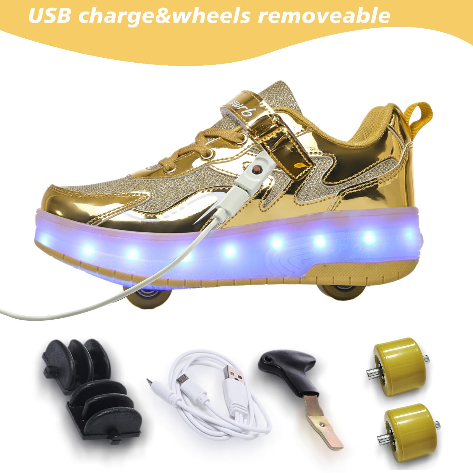Roller Shoes USB Charging LED Lights Up Sneakers with Wheels Removable Lightweight Roller Skates Boys Beginners Trainers Skate Comfortable Sports Footwear Athletic USB Charge Sneaker Unisex Kids Gifts