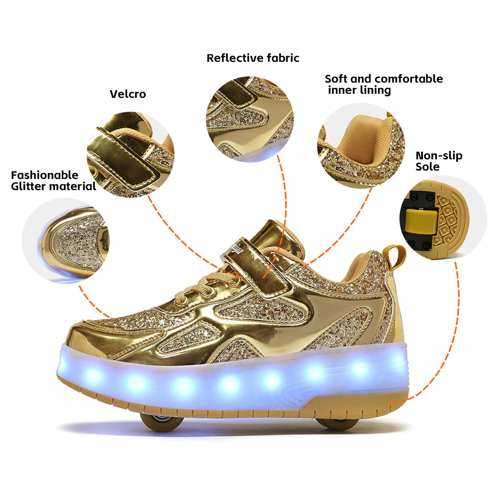 Roller Shoes USB Charging LED Lights Up Sneakers with Wheels Removable Lightweight Roller Skates Boys Beginners Trainers Skate Comfortable Sports Footwear Athletic USB Charge Sneaker Unisex Kids Gifts