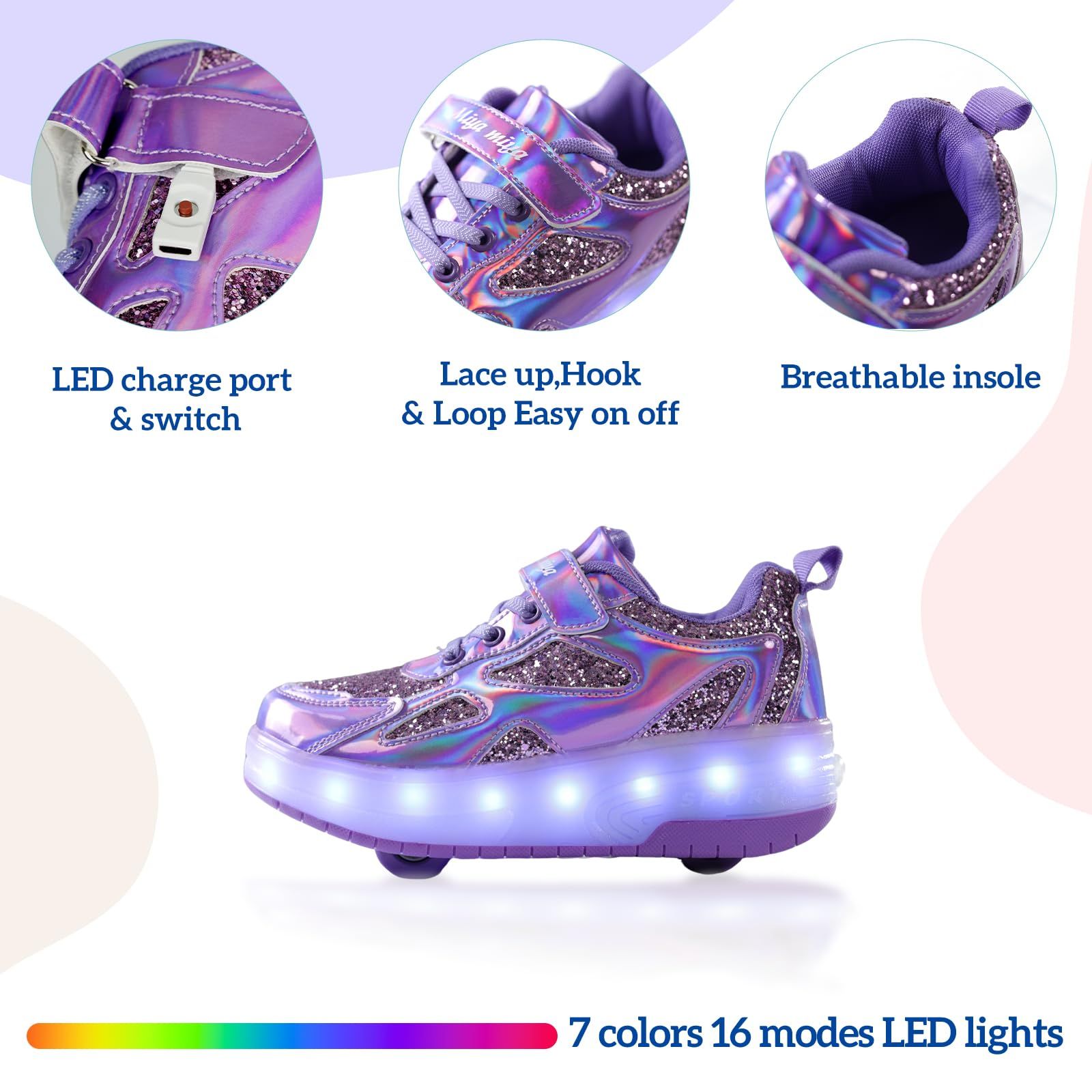 Roller Shoes USB Charging LED Lights Up Sneakers with Wheels Removable Lightweight Roller Skates Boys Beginners Trainers Skate Comfortable Sports Footwear Athletic USB Charge Sneaker Unisex Kids Gifts