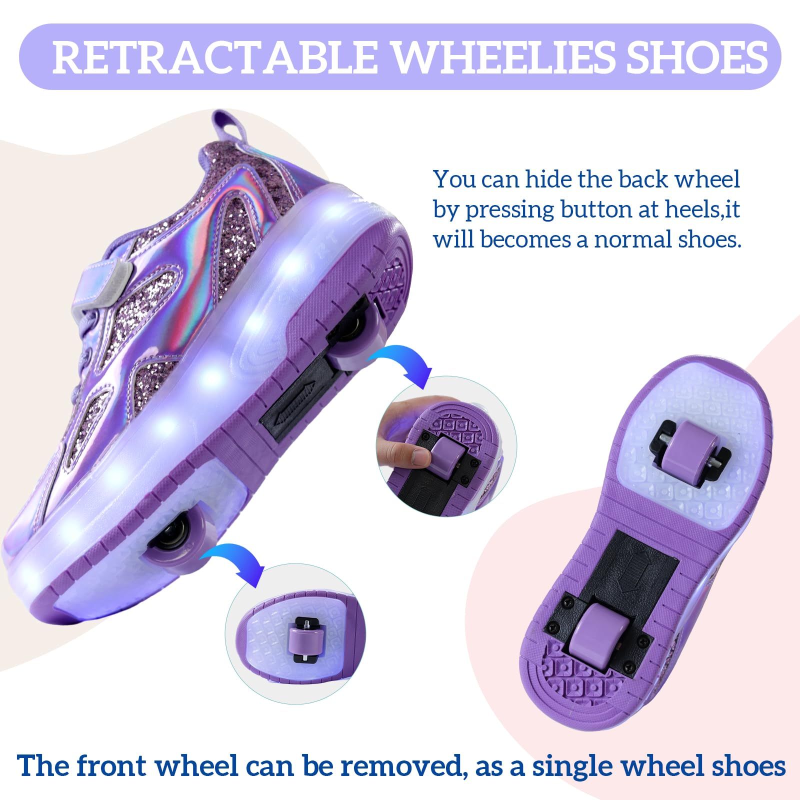 Roller Shoes USB Charging LED Lights Up Sneakers with Wheels Removable Lightweight Roller Skates Boys Beginners Trainers Skate Comfortable Sports Footwear Athletic USB Charge Sneaker Unisex Kids Gifts