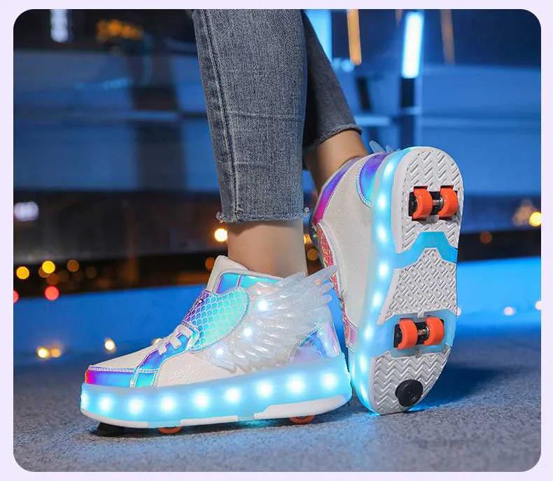 USB Chargable LED Light Up Roller Shoes Wheeled Skate Sneaker Shoes for Boys Girls Kids Light up Flashing High-top Wings Sneakers Boys Girls Trainers for Festivals  Party Great Gifts 29-38 Size