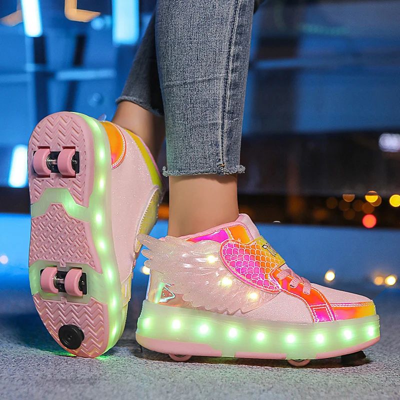 USB Chargable LED Light Up Roller Shoes Wheeled Skate Sneaker Shoes for Boys Girls Kids Light up Flashing High-top Wings Sneakers Boys Girls Trainers for Festivals  Party Great Gifts 29-38 Size