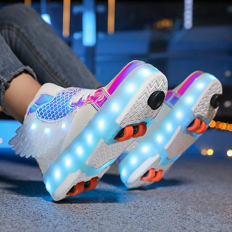 USB Chargable LED Light Up Roller Shoes Wheeled Skate Sneaker Shoes for Boys Girls Kids Light up Flashing High-top Wings Sneakers Boys Girls Trainers for Festivals  Party Great Gifts 29-38 Size