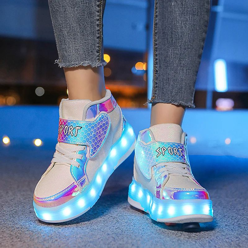 USB Chargable LED Light Up Roller Shoes Wheeled Skate Sneaker Shoes for Boys Girls Kids Light up Flashing High-top Wings Sneakers Boys Girls Trainers for Festivals  Party Great Gifts 29-38 Size